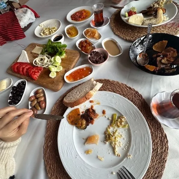 erdem çiftliğinde doğal ve ve yapımı ürünler ile bir kahvaltı masası